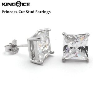 【トップの幅 8mm】King Ice キングアイス プリンセスカット スタッド ピアス ホワイトゴールド Princess-Cut Stud Earrings イヤリング