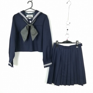 1円 セーラー服 スカート スカーフ 上下3点セット 大きいサイズ 冬物 白3本線 女子 学生服 東京成蹊学園 紺 制服 中古 ランクB EY8356