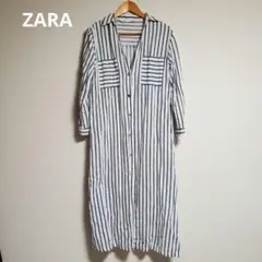 ザラ ZARA リネンワンピース ロング Vネック ストライプ 長袖 シャツ