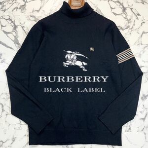 美品/カシミヤ混 2(M) ●BURBERRY BLACK LABEL バーバリーブラックレーベル タートルネック ニット ホース刺繍 黒 ウール ノバストライプ