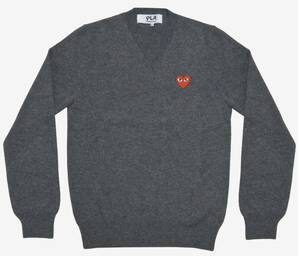 PLAY CDG RED HEART V NECK SWEATER GRAY XL