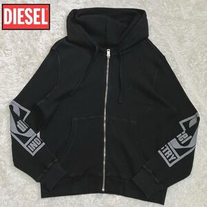 美品/XL相当◎DIESEL ワッフル ニット ジップアップパーカー ディーゼル フード一体 袖ロゴ 凹凸 ブルゾン メンズ ブラック 黒