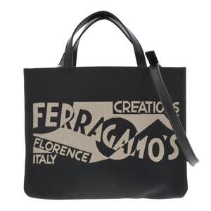 【美品】 FERRAGAMO （フェラガモ） ロゴ キャンバス 2WAYトートバッグ バッグ トートバッグ Black【ROS】