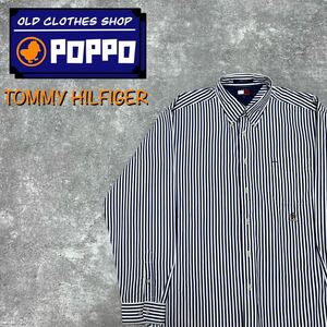トミーヒルフィガー☆オールド刺繍ロゴロンドンストライプシャツ 90s 紺白　長袖シャツ