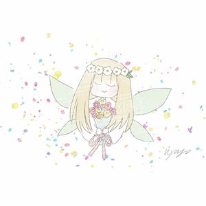 nyago 手描きイラスト　オリジナル　女の子　花　妖精　天使　イラスト　絵　ゆるい　シンプル　インテリア　ハンドメイド　キラキラver