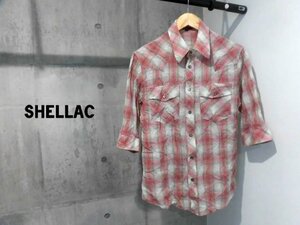 SHELLAC シェラック クリンクル加工 リネン混 七分袖 チェックシャツ 46/しわ加工 ウエスタンシャツ/メンズ/42116/日本製