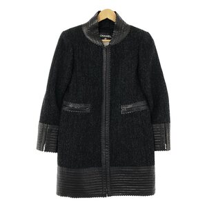 【美品】 CHANEL / シャネル | ウール ヘリンボーン ツイード ラムスキントリミング 裏地シルク ジップアップ コート | 36 | グレー