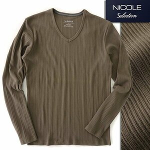 訳有 ニコル ランダム テレコ Vネック 長袖 カットソー 50(XL) カーキ 【I48666】 NICOLE Selection 春夏 Tシャツ ロンT リブ コットン