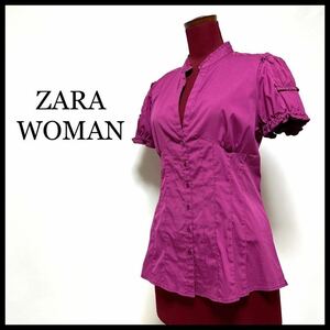 ZARA WOMAN ブラウス 美ライン 半袖 キーネック コルセット フリル 紫 M