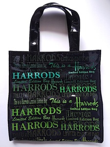 美品 Harrods ハロッズ ロゴ 文字 エナメル ビニール トートバッグ ハンドバッグ サブバッグ バッグ オープン開閉式 マチあり ブラック