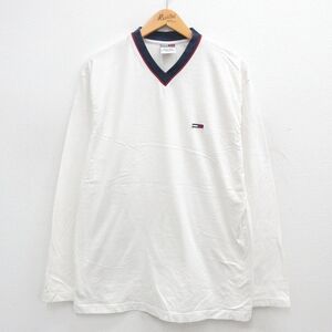 【30%OFF】XL/古着 トミーヒルフィガー トミージーンズ 長袖 ビンテージ Tシャツ メンズ 90s ワンポイントロゴ コットン Vネック 白他 3OF