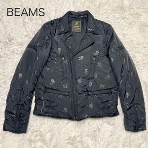 1円【激レア 美品 BEAMS　ビームス】ダブルライダースジャケット ナイロンジャケット　黒 スカル　ドクロ　総柄 Lサイズ