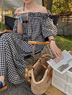 夏のお出かけにぴったり❤️チェック柄ロングワンピース【ゆったりサイズ】