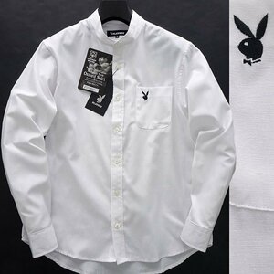 新品 プレイボーイ バンドカラー シャツ L 白 【1024_07】 PLAYBOY メンズ 長袖 コットン オックス バニー スタンドカラー