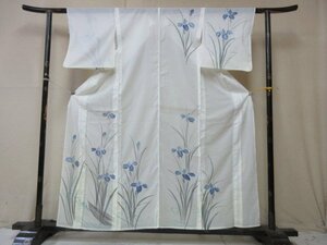 1円 中古 化繊 着物 訪問着 絽 夏物 洗える 式典 和装 和服 白 アンティーク 菖蒲 枝花 筏 高級 単衣 身丈144cm 裄64cm【夢職】★★★