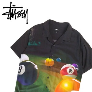 極美品 名作 STUSSY 8ボール レーヨン 開襟 半袖シャツ アロハシャツ ビリヤード メンズS ステューシー ブラック 黒 ハワイアン 2407265A