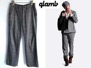 完売 名作 glamb グラム Orugano Slacks シンチバック付 カシミヤ混 ウールツイード グレンチェック パンツ スラックス 2 ブラックホワイト