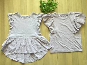 お得な2枚セット★美品 GLOBAL WORK 120 フリルスリーブ半袖Tシャツ(女の子パープル紫くすみカラー110ペプラムまとめ売りブランドまとめて