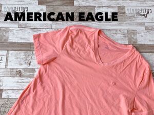 ☆送料無料☆ AMERICAN EAGLE アメリカンイーグル 古着 半袖 無地 Vネック ロゴ Tシャツ メンズ S コーラル トップス 中古 即決