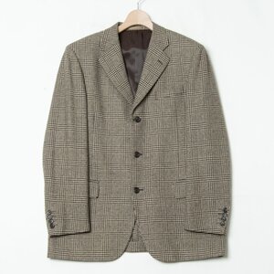 【1円スタート】BURBERRY LONDON バーバリー グレンチェックテーラードジャケット 肩パッド 3B ウールカシミヤ 茶色 LL 三陽商会 日本製