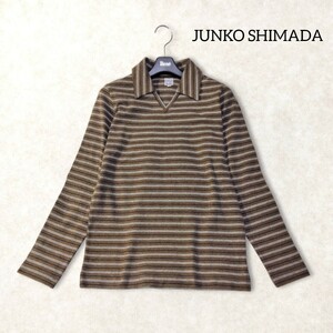 37 【PART2 BY JUNKO SHIMADA】 ジュンコシマダ ボーダー トップス М ブラウン 茶色 襟あり スキッパー Vネック ストレッチ 春 秋 ミセス 