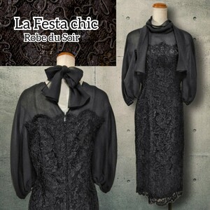 17 【La Festa chic】 ラフェスタシック コード刺繍 レース 透け感 ドレス ワンピース 9号 Mサイズ 黒 ブラック シアー ラメ 結婚式 