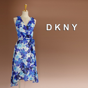 半額セール★新品 DKNY 16/21号 ダナキャラン 白 青 シフォン ワンピース パーティドレス 大きいサイズ 結婚式 二次会 披露宴 葵47CC1408