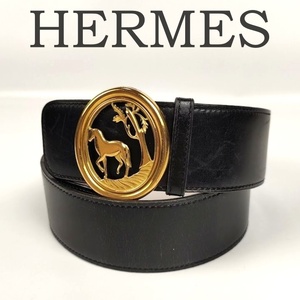 HERMES エルメス ヴィンテージ ホースロゴ バックル リバーシブル ベルト 70 メタル レザー 金具ゴールド ブラック ブラウン 中古 