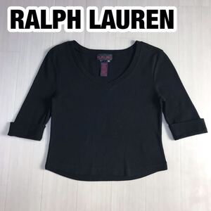 RALPH LAUREN ラルフローレン 五分袖Tシャツ M ブラック バッグ刺繍ロゴ ショート丈