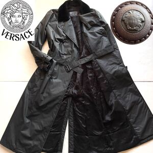 【超希少 XXXL】ジャンニ ヴェルサーチ Versace 着丈約140 トレンチコート ダブル マキシ丈 中綿入 メデューサボタン 54 ブラック 黒 伊製