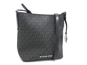 1円 ■美品■ MICHAEL KORS マイケルコース MK柄 PVC×レザー ショルダーバッグ クロスボディ 斜め掛け ブラック系×グレー系 FH4375