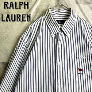 美品 Ralph Lauren ラルフローレン ロンドンストライプ ボタンダウンシャツ 長袖 R.L.Y.C.ヨットクラブ刺繍ロゴ ネイビー×ホワイト M