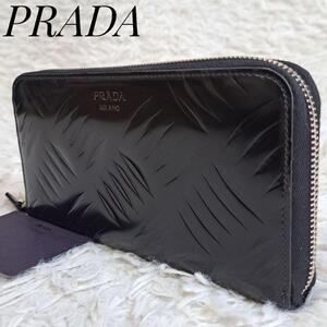 【近年モデル/美品】PRADA プラダ ブラッシュドレザー ロングウォレット 長財布 ラウンドファスナー ジップ ブラック メンズ ビジネス