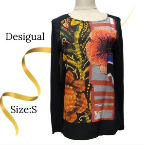 ★美品★Desigual　デシグアル　プリントカットソー　長袖　ブラック　黒