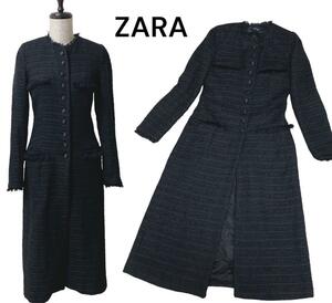 ZARA ツイード ノーカラーコート 大人綺麗め ブラック 美シルエット