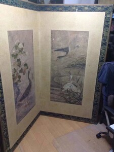 貴重珍品　元代古画　汝南周之蔓　飛鳴食宿　雁鷺花古画　肉筆　乃蛮世家　蒙古答魯乃蛮氏図書(普化貼木儿)　印　一双　屏風