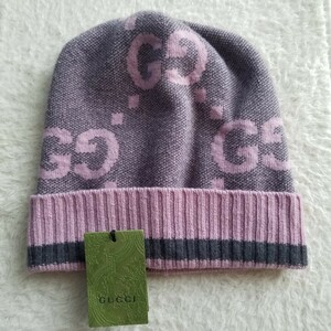 新品 GUCCI グッチ GG カシミア ジャガード ニット キャップ 帽子 グラファイト＆ピンク 676827 3G344 1272 国内完売 入手困難