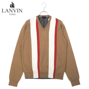 【70%OFF・新品・M】LANVIN（ランバン）ウールコットンストライプ ハイゲージVネックニット キャメル×グレー PO0020