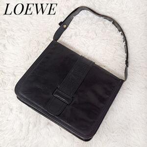 ロエベ LOEWE レア ヴィンテージ ワンショルダーバッグ 黒 レザー フラップ ビジネス フォーマル 男女兼用 ユニセックス ブラック