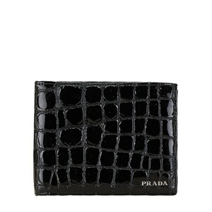 プラダ クロコ型押し 二つ折り財布 ブラック エナメル レディース PRADA 【中古】