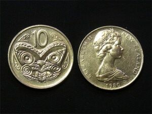【ニュージーランド】 1980年　10セント　マオリ族のマスク　コルル　白銅貨