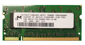 Micron 1GB*1枚 PC2-5300S(DDR2-667) SO-DIMM ノートパソコン用メモリ型番：MT8HTF12864HDY-667E1