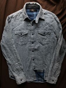 【名作】極美品 RRL INDIGO STRIPE SHIRT ダブルアールエル インディゴ 本藍染め ガーゼ ダブルフェイス ストライプ ワーク シャツ 激渋 M