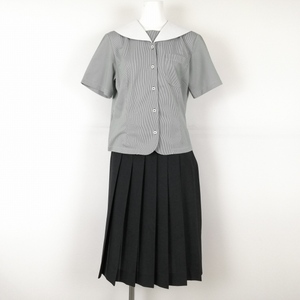 1円 セーラー服 スカート 上下2点セット 指定 165A 夏物 女子 学生服 熊本松橋高校 ストライプ（白/緑） 制服 中古 ランクC EY9926