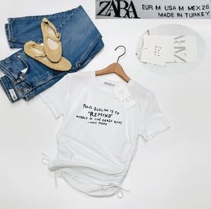 【M】ZARA ホワイト 半袖Tシャツ レディース タグ カジュアル トップス 大人可愛いロゴ白 アウトドア デイリー 春夏 ショートスリーブ ザラ