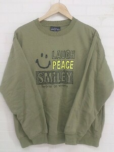 ◇ HARVEY BALL SMILY FACE フロントプリント 裏起毛 長袖 トレーナー カットソー サイズL カーキ マルチ レディース