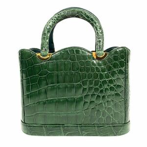 シャイニークロコ ハンドバッグ グリーン ツヤ◎ 穿孔 CROCODILE リアル クロコダイル レザー ワニ革 金具 緑 レディース