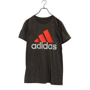 adidas 半袖 ロゴTシャツ S グレージュ ネオンオレンジ アディダス クルーネック ビッグロゴ 古着卸 アメリカ仕入 a604-6596