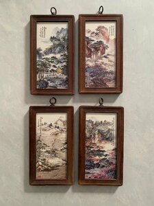 磁板絵 色絵磁器 山水画 花鳥絵 4枚セット 額付 唐物 中国古美術