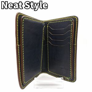 クラフトスタイル★　Neat Style ニートスタイル　二つ折り財布 イエローステッチ ヌメ革 手縫い ミドルウォレット ヴィンテージ　ネイビー